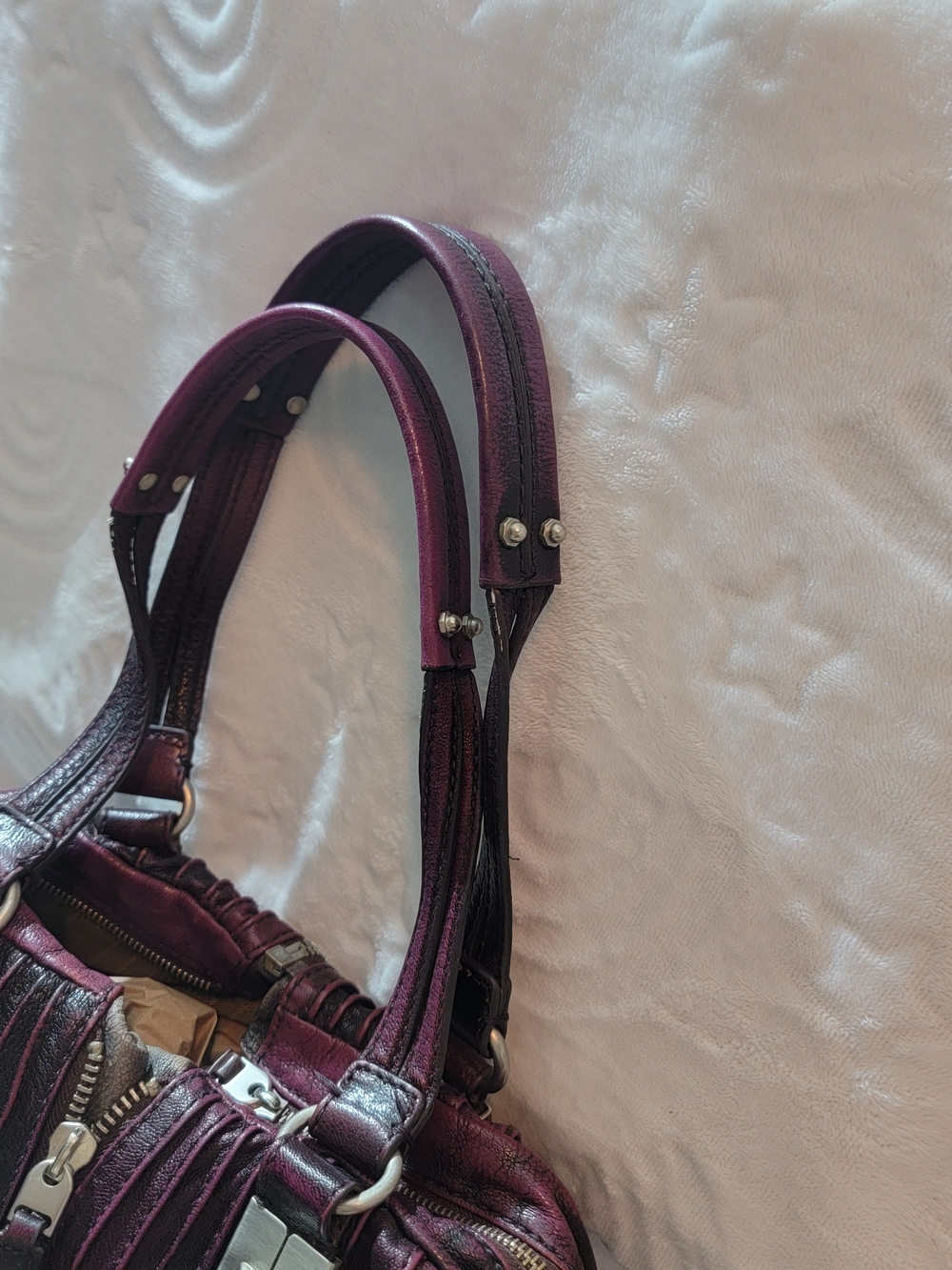 Plum Quilted Leather Shoulder Bag with Center Zip - Picture 5 of 12